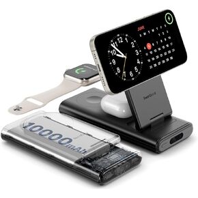 Mag Safe Charging Station for Apple Devices, 10000mAh Power Bank Foldable 3 in 1 Wireless Charger for iPhone 15 14 13 12 Series, for Apple Watch Ultra 2/9/8/7 and Airpods