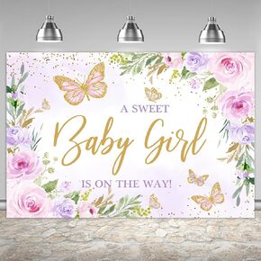 Butterfly Baby Shower Decoration for Girl Backdrop 6x4ft A Sweet Baby Girl is on The Way Purple Florals Flowers Photography Background Gold Dots Princess Banner Photo Booth Supplies Props