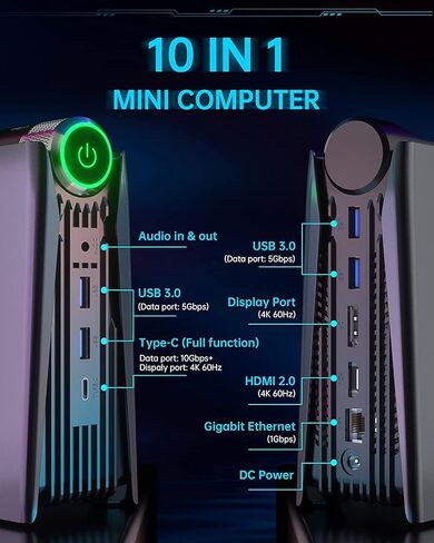 كمبيوتر ألعاب صغير من ACEMAGICIAN، مصابيح RGB AMD Ryzen 7 5800U 16GB DDR4 512GB NVMe SSD AMR5 كمبيوتر صغير 4K HDMI DP Type-C WiFi 6 BT 5.2 كمبيوتر صغير، تشغيل تلقائي in Kuwait