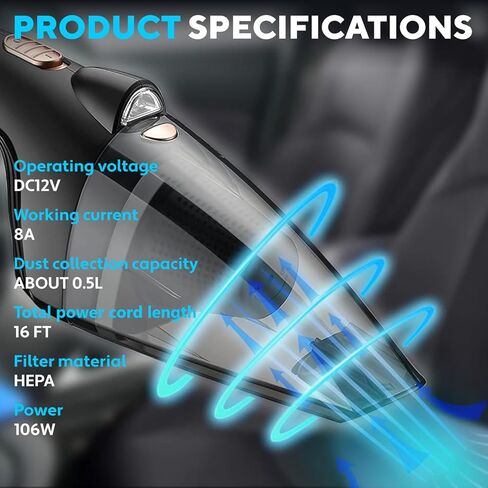 Car Vacuum Cleaner - Handheld Portable Electric Auto Cleaner with 4500 Pa Suction Power, 16 ft Cord, LED Light, Compact Multipurpose Accessories Cleaner Kit for Car Interior & Home in Kuwait