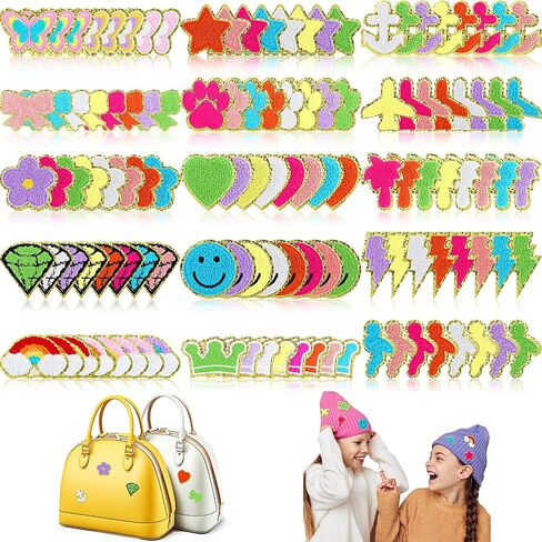 120 Pcs Iron on Chenille Patches Glitter Colorful Sew Iron on Patch Rainbow Lightning Flower Heart Bow Applique for Clothing Fabric Jackets Backpacks Hats DIY Repair Decor in Saudi Arabia