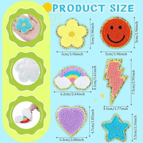 120 Pcs Iron on Chenille Patches Glitter Colorful Sew Iron on Patch Rainbow Lightning Flower Heart Bow Applique for Clothing Fabric Jackets Backpacks Hats DIY Repair Decor in Saudi Arabia