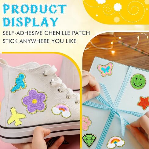 120 Pcs Iron on Chenille Patches Glitter Colorful Sew Iron on Patch Rainbow Lightning Flower Heart Bow Applique for Clothing Fabric Jackets Backpacks Hats DIY Repair Decor in Saudi Arabia