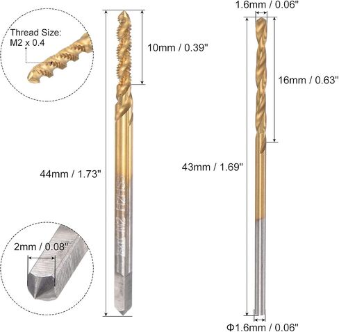 uxcell M2 x 0.4 Spiral Flute Tap and 1.6mm Twist Drill Bit Set, Metric Titanium Plated 6542 High Speed Steel Machine Threading Screw Thread Tap Drilling Tool in Saudi Arabia