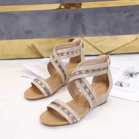 WOJWSKI Wedges for Women Sandals Bohemia Open Toe Roman Low Heel Zipper Back Platform Summer Dress Women‘s Beach Sandals in Kuwait