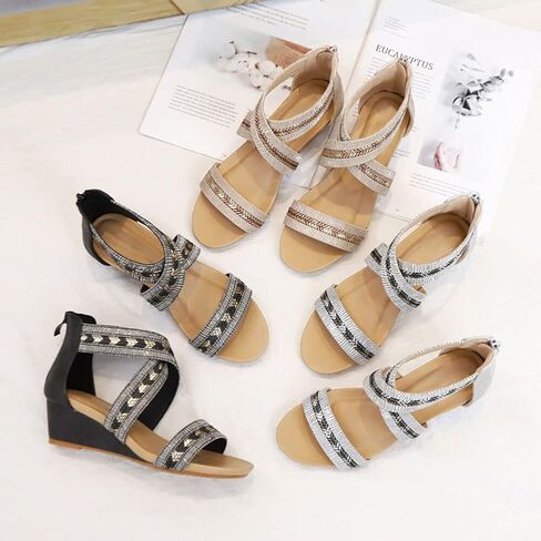 WOJWSKI Wedges for Women Sandals Bohemia Open Toe Roman Low Heel Zipper Back Platform Summer Dress Women‘s Beach Sandals in Kuwait