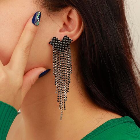 Black Rhinestones Heart Stud Long Tassels Earrings for Women Girls Sparkle Chandelier Punk Jewelry in Saudi Arabia