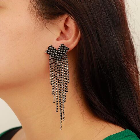 Black Rhinestones Heart Stud Long Tassels Earrings for Women Girls Sparkle Chandelier Punk Jewelry in Saudi Arabia