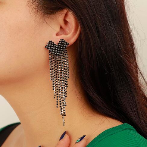 Black Rhinestones Heart Stud Long Tassels Earrings for Women Girls Sparkle Chandelier Punk Jewelry in Saudi Arabia