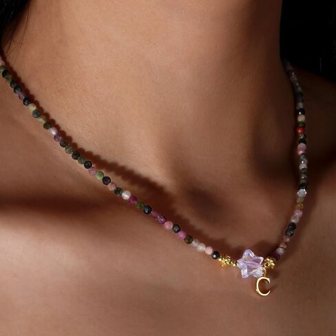 Gemstone Beaded Initial Star Choker Necklaces for Women Teen Girls, Boho Handmade Gold Natural Stone Beads Letter Name Necklace Surfer Beach Bohemian Jewelry Gift in Saudi Arabia