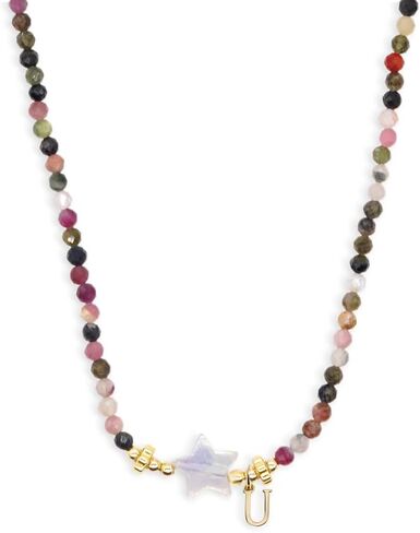 Gemstone Beaded Initial Star Choker Necklaces for Women Teen Girls, Boho Handmade Gold Natural Stone Beads Letter Name Necklace Surfer Beach Bohemian Jewelry Gift in Saudi Arabia