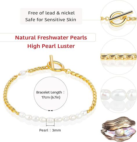 أساور اللؤلؤ الطبيعي للنساء مطلية بالذهب عيار 18 قيراطًا باللون الأبيض الحقيقي ولؤلؤ المياه العذبة المزروعة يدويًا جوهرة ميلاد يونيو مجوهرات راقية للنساء هدايا in Kuwait