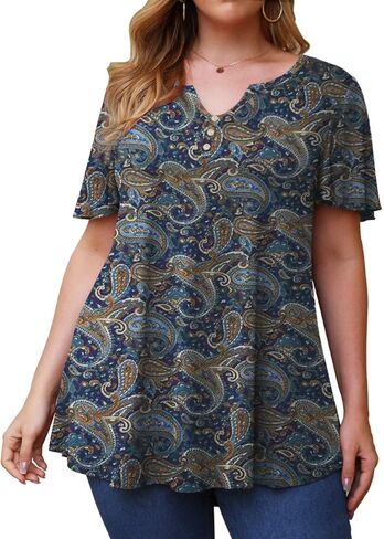 Tralilbee Women's Plus Size Long Sleeve Flowy Henley Shirt V Neck Tunic Tops in Kuwait