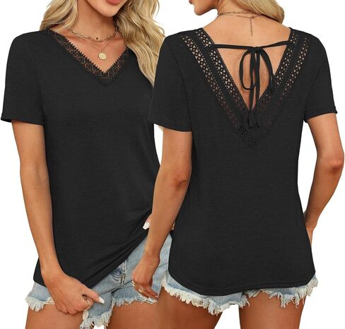 Womens Summer Tops Guipure Lace V Nect T Shirts Short Sleeve Blouses Dressy Casual Tie Back Tee in Saudi Arabia