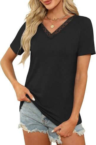 Womens Summer Tops Guipure Lace V Nect T Shirts Short Sleeve Blouses Dressy Casual Tie Back Tee in Saudi Arabia