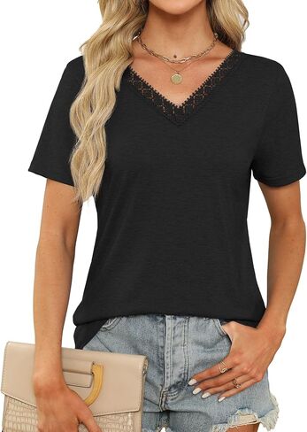 Womens Summer Tops Guipure Lace V Nect T Shirts Short Sleeve Blouses Dressy Casual Tie Back Tee in Saudi Arabia