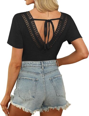 Womens Summer Tops Guipure Lace V Nect T Shirts Short Sleeve Blouses Dressy Casual Tie Back Tee in Saudi Arabia