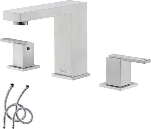 KENES صنبور حمام أسود واسع الانتشار 3 فتحات بالوعة الحمام صنبور أسود غير لامع بمقبضين، 8 بوصة 3 قطع صنبور حمام مع خطوط تصريف وإمداد منبثقة، KE-9050-2-P in Kuwait