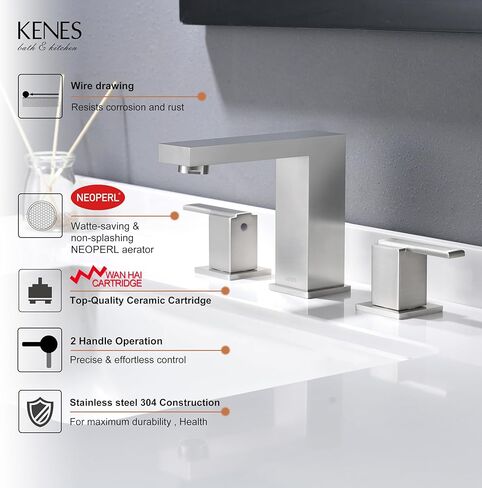 KENES صنبور حمام أسود واسع الانتشار 3 فتحات بالوعة الحمام صنبور أسود غير لامع بمقبضين، 8 بوصة 3 قطع صنبور حمام مع خطوط تصريف وإمداد منبثقة، KE-9050-2-P in Kuwait