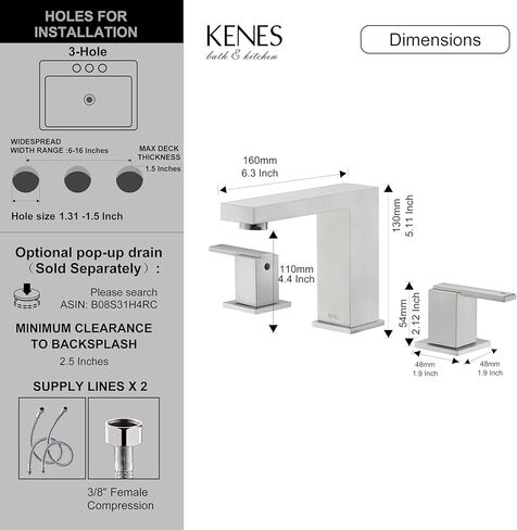 KENES صنبور حمام أسود واسع الانتشار 3 فتحات بالوعة الحمام صنبور أسود غير لامع بمقبضين، 8 بوصة 3 قطع صنبور حمام مع خطوط تصريف وإمداد منبثقة، KE-9050-2-P in Kuwait