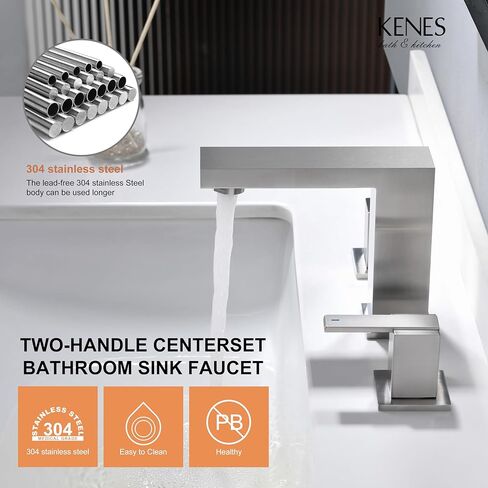 KENES صنبور حمام أسود واسع الانتشار 3 فتحات بالوعة الحمام صنبور أسود غير لامع بمقبضين، 8 بوصة 3 قطع صنبور حمام مع خطوط تصريف وإمداد منبثقة، KE-9050-2-P in Kuwait