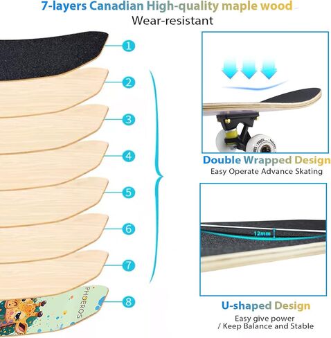DIY Complete Skateboards- Standard Skateboards for Beginners Kids Boys Girls Teenager- 31''x 8''Canadian Maple Cruiser Pro Skate Board, Skateboards in Saudi Arabia