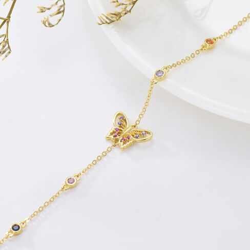 14K Gold Butterfly Bracelets for Women Adjustable Dainty Bracelet with Colorful Cubic Zirconia in 6.5"-8.5" in Kuwait