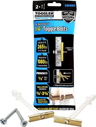 مرساة تبديل TOGGLER SNAPTOGGLE BB مع مسامير، قناة فولاذية مطلية بالزنك، مصنوعة في الولايات المتحدة، نطاق قبضة من 3/8 بوصة إلى 3-5/8 بوصة، لحجم تثبيت UNC 1/4 بوصة -20 (عبوة من قطعتين) in Kuwait