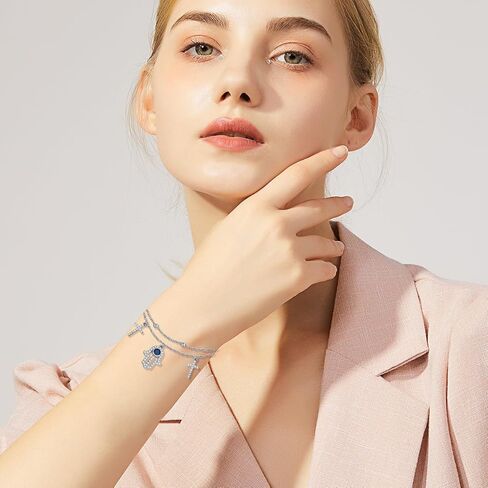 سوار همسة من الفضة الاسترليني عيار 925 للنساء - أساور همسة متقاطعة أنيقة مع سوار همسة من الزركونيا المكعب ذو طبقات يدوية in Kuwait