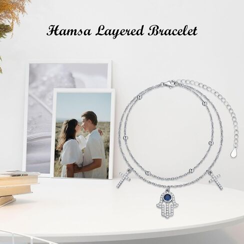 سوار همسة من الفضة الاسترليني عيار 925 للنساء - أساور همسة متقاطعة أنيقة مع سوار همسة من الزركونيا المكعب ذو طبقات يدوية in Kuwait