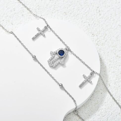 سوار همسة من الفضة الاسترليني عيار 925 للنساء - أساور همسة متقاطعة أنيقة مع سوار همسة من الزركونيا المكعب ذو طبقات يدوية in Kuwait