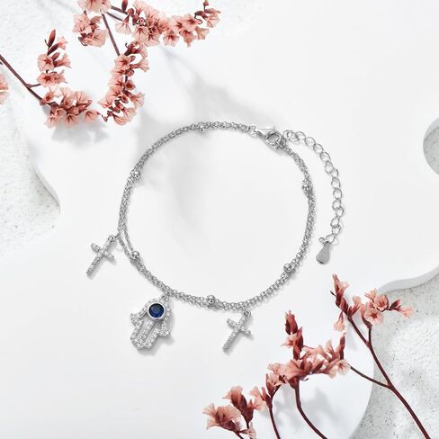 سوار همسة من الفضة الاسترليني عيار 925 للنساء - أساور همسة متقاطعة أنيقة مع سوار همسة من الزركونيا المكعب ذو طبقات يدوية in Kuwait