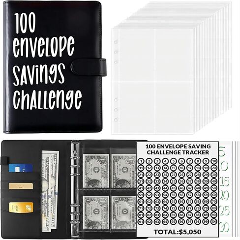 تحدي توفير المال في 100 ظرف، مجلد تحدي 100 ظرف، طريقة سهلة وممتعة لتوفير 5050 دولارًا، حافظة كتب الميزانية لتحديات التوفير مع مظاريف نقدية للمكتب والمنزل والمدرسة (أسود) in Saudi Arabia