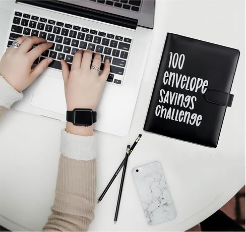 تحدي توفير المال في 100 ظرف، مجلد تحدي 100 ظرف، طريقة سهلة وممتعة لتوفير 5050 دولارًا، حافظة كتب الميزانية لتحديات التوفير مع مظاريف نقدية للمكتب والمنزل والمدرسة (أسود) in Saudi Arabia