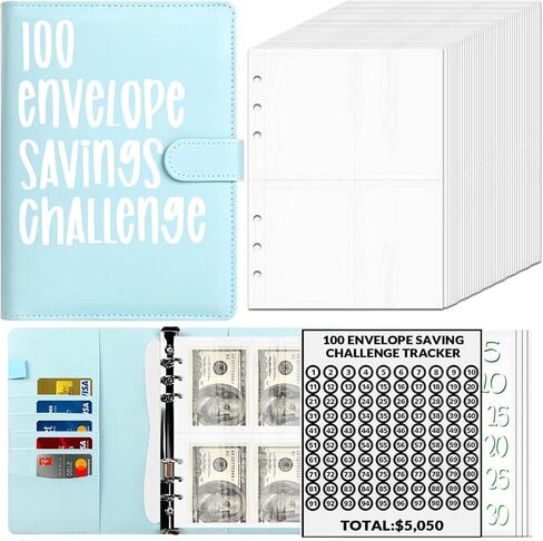 تحدي توفير المال في 100 ظرف، مجلد تحدي 100 ظرف، طريقة سهلة وممتعة لتوفير 5050 دولارًا، حافظة كتب الميزانية لتحديات التوفير مع مظاريف نقدية للمكتب والمنزل والمدرسة (أسود) in Saudi Arabia
