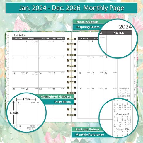 مخطط شهري/تقويم شهري 2024-2026 - مخطط شهري لمدة 3 سنوات، يناير 2024 - ديسمبر 2026، 6.3 بوصة × 8.4 بوصة، 36 مخطط/تقويم شهري 2024-2026 مع جيب مزدوج الجانب + غلاف فني - الصبار in Kuwait