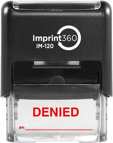 AS-IMP1118R - Denied Stamp with by: Line, Red Ink, Heavy Duty Commerical Self-Inking Rubber Stamp, 9/16" x 1-1/2" Impression in Kuwait