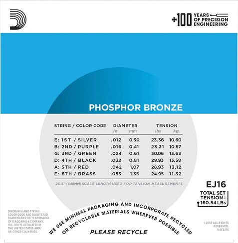 مجموعة D'Addario EJ16 الصوتية الفوسفور البرونزية الخفيفة 12-53 مكونة من 6 قطع in Saudi Arabia