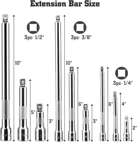 DURATECH Wobble Socket Extension Bar Set, 1/4", 3/8", 1/2" Drive Socket Extension Set, Cr-V Steel, Chrome Plated, Storage Tray Included, 9 PCS in Saudi Arabia