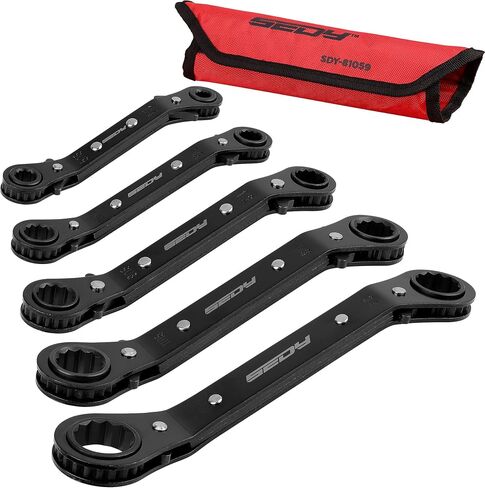 Ratchet Box Wrench SAE Set - 5-Piece Ratcheting Head Reversible Double Offset Wrenches Socket Spanner Tool Adjustable Direction Box End Universal Stubby Handle Angle Head in Saudi Arabia