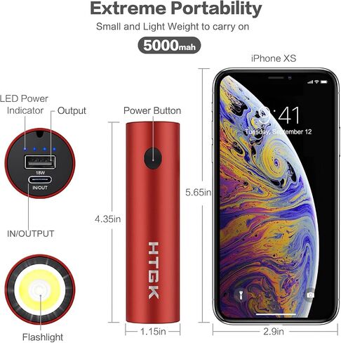 Power Bank 5000mAh with 120 Lumens Flashlight, Mini Portable Charger Ultra Compact External Backup with 20W PD & QC 3.0 Super Fast-Charging, Compatible with iPhone Samsung and More(red) in Saudi Arabia
