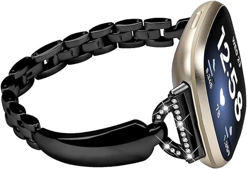 أحزمة معدنية متوافقة مع Fitbit Sense 2/Sense/Versa 4/Versa 3، سوار معصم بديل للنساء، أسود in Kuwait