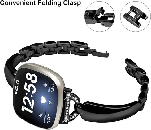 أحزمة معدنية متوافقة مع Fitbit Sense 2/Sense/Versa 4/Versa 3، سوار معصم بديل للنساء، أسود in Kuwait