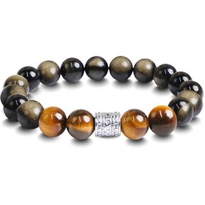 mens bracelet Tiger eye &obsidian, 10MM Natural Stone men's fashion beaded bracelets Men's Gift,stainless steel bracelet for men,Men's jewelry for Father，boyfriend，husband in Saudi Arabia