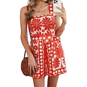 Utcoco Womens Summer Rompers بلا أكمام طباعة الأزهار عالية الخصر مربوطة الساق الواسعة بذلة بذلة (كبيرة ، حمراء) in Saudi Arabia