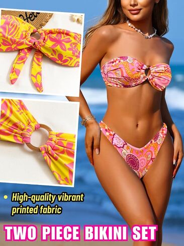 Women's Bandeau Tie-Back Bikini Sets, Cheeky Thong Swimsuits, Cute Floral Bathing Suit in Saudi Arabia
