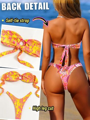 Women's Bandeau Tie-Back Bikini Sets, Cheeky Thong Swimsuits, Cute Floral Bathing Suit in Saudi Arabia