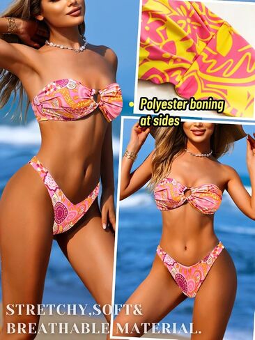 Women's Bandeau Tie-Back Bikini Sets, Cheeky Thong Swimsuits, Cute Floral Bathing Suit in Saudi Arabia