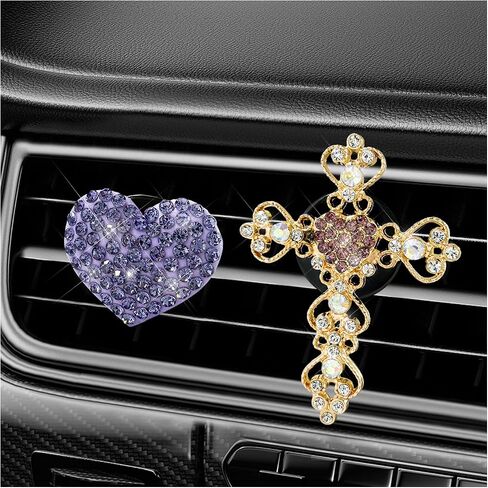 2 PCS Bling Car Vent Clip, Crystal Rhinestone Cross and Heart Car Air Fresheners Vent Clips, Diamond Car Air Conditioner Outlet Decoration Charm for Women, Car Accessories (Pink) in Saudi Arabia