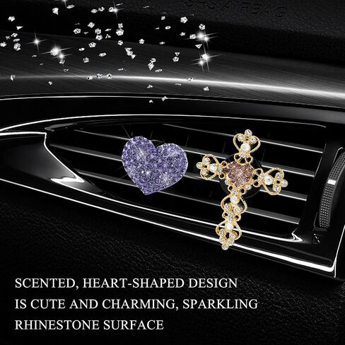 2 PCS Bling Car Vent Clip, Crystal Rhinestone Cross and Heart Car Air Fresheners Vent Clips, Diamond Car Air Conditioner Outlet Decoration Charm for Women, Car Accessories (Pink) in Saudi Arabia